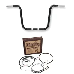 PartzBiz HD B28-336TB + B30-1009 - Burly Gorilla 14” Ape Hangers Black Handlebars Cable Kit Package Harley Softail