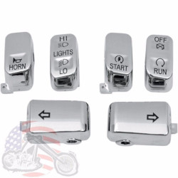 PartzBiz HD 0616-0128 - Drag 6 Piece Chrome Button Switch Cap Handlebar Control Kit Harley Dyna Softail