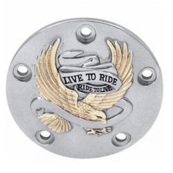 PartzBiz HD 0940-0842 - ลาก Chrome Gold 5-Bolt Eagle ฝาครอบจุดระเบิด Live to Ride Harley Twin Cam 99-17