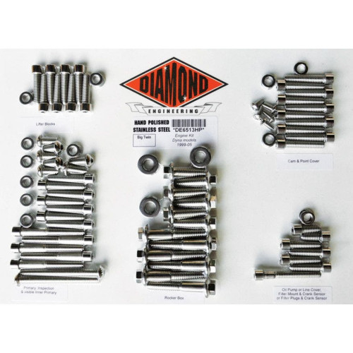 PartzBiz HD: 4421854-Diamond Engineering OEM Polished Stainless Steel Engine Bolt Kit Dyna FXD 99-05 | DE6513HP PartzBiz HD: 4421854-Diamond Engineering OEM Polished Stainless Steel Engine Bolt Kit Dyna FXD 99-05 | DE6513HP