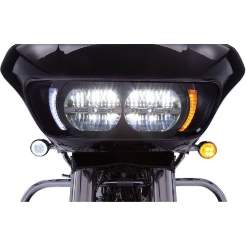 PartzBiz HD: 4421014-Ciro Black LED Headlight Fang Bezels w/ Amber Turn Signals Harley 15-20 FLTR PartzBiz HD: 4421014-Ciro Black LED Headlight Fang Bezels w/ Amber Turn Signals Harley 15-20 FLTR