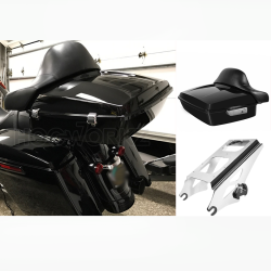 PartzBiz HD HW229808-HW157115 - Hogworkz Vivid Black Chrome Hardware Chopped TourPak w/ Full Backrest & Mount