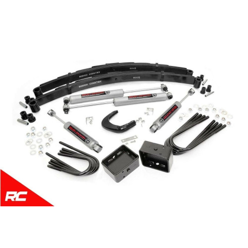 PartzBiz HD: 4404629-Rough Country ชุดยก 4 นิ้ว 1977-1987 4WD Chevy GMC รถกระบะ 3/4 ตัน Suburban 150.20 C15 K15 C20 K20 Chevrolet 4x4 Best New อัพเกรดระบบกันสะเทือน Monster Truck Bogger Leaf Springs Shocks Blocks Front Rear Square Body