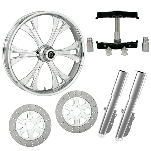 PartzBiz HD: 4400900-Valor Chrome 23" Wheel Tire Dual Rotors w/ Raked Triple Trees Lowers & Sliders | VALOR-DUAL-CHR-KIT-PCKG